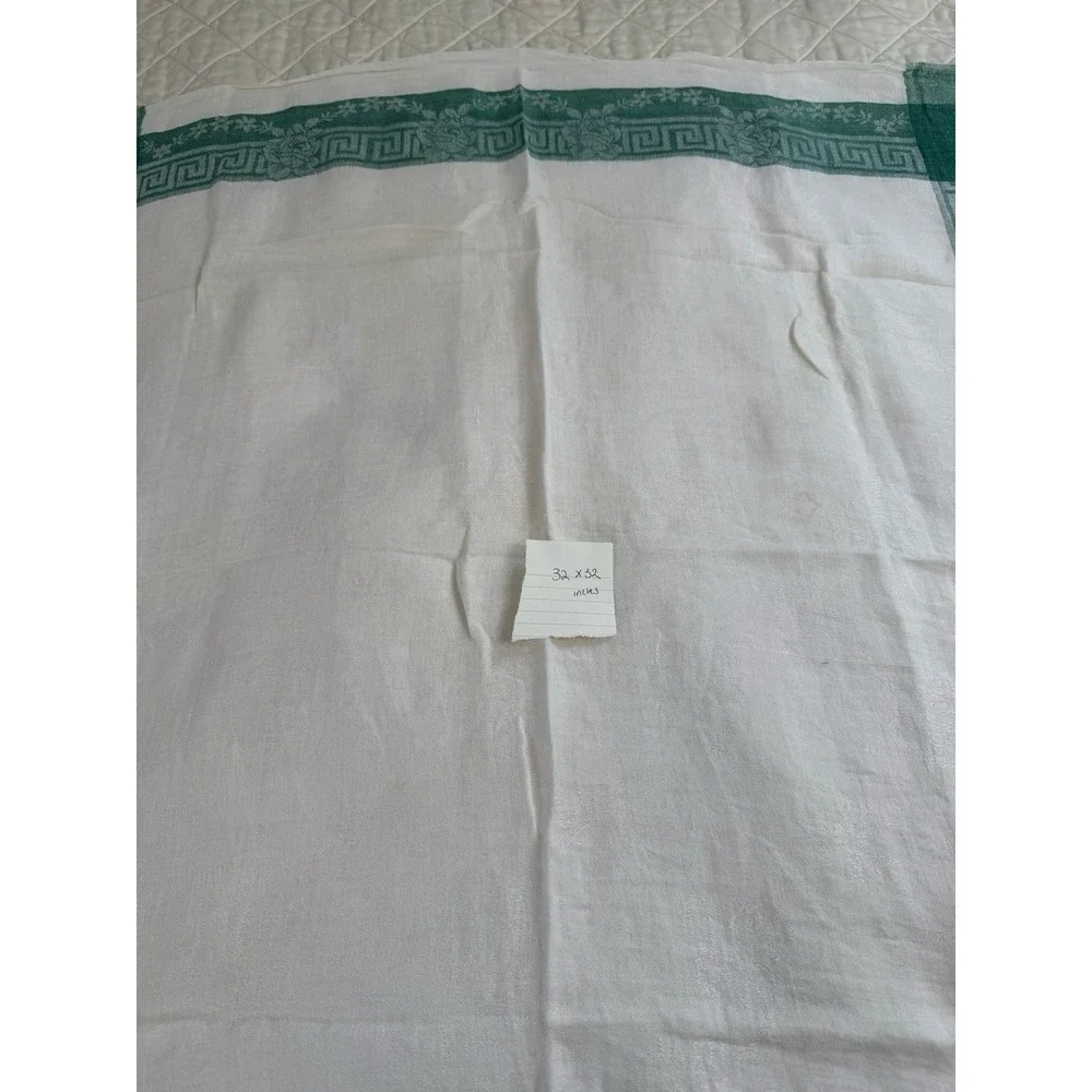 Vintage Linen Damask Tablecloth 32x32 Green Greek Key Floral Border